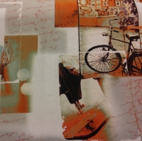 tricot collageprint met fiets, naaimachine e.d.