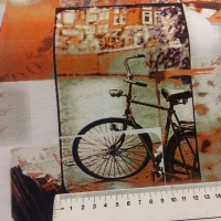tricot collageprint met fiets, naaimachine e.d.