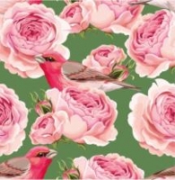 Digitaal bedrukte tricot roze rozen en roodborstjes op groene ondergrond