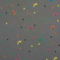 vlindertjes en stipjes in neon kleurtjes op grijs tricot
