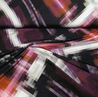 viscose tricot met grafische print in paars, zwart, terra en bruin