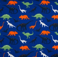 Kobalt blauwe french terry met vrolijk gekleurde dinosauriërs.