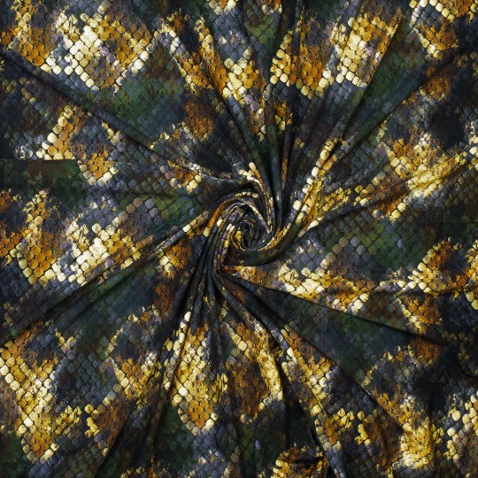 viscose tricot  met geel, oker, terra en groen slangenprint