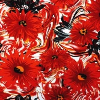 Tricot met grote bloem rood oranje zwart op wit