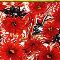 Tricot met grote bloem rood oranje zwart op wit