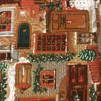 Quiltkatoen met kerst geveltjes, deuren en ramen.
