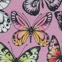Katoenen roze tricot met vlinders in allerlei kleuren
