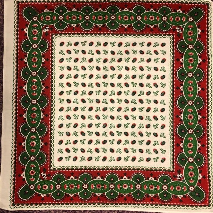 boeren zakdoek rood, wit, blauw en groen ovale motieven rand