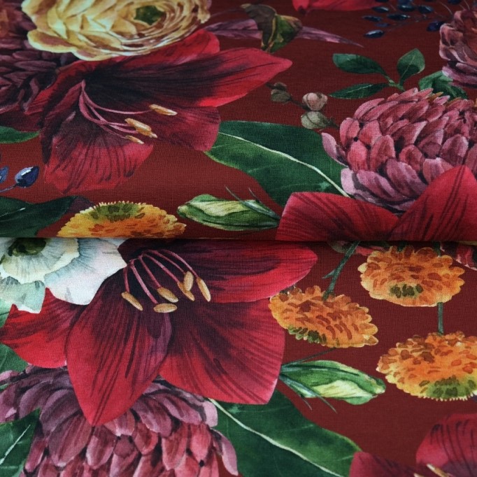 digitale tricot bordeaux paars  oranje bloemen van stenzo
