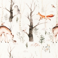 katoen : wilde dieren, herten, vossen, uilen  in het bos.